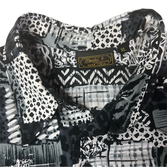 Vintage Monzini Abstract Black Short Sleeve Button Up Polyester Cabana Shirt XL - Picture 4 of 7
